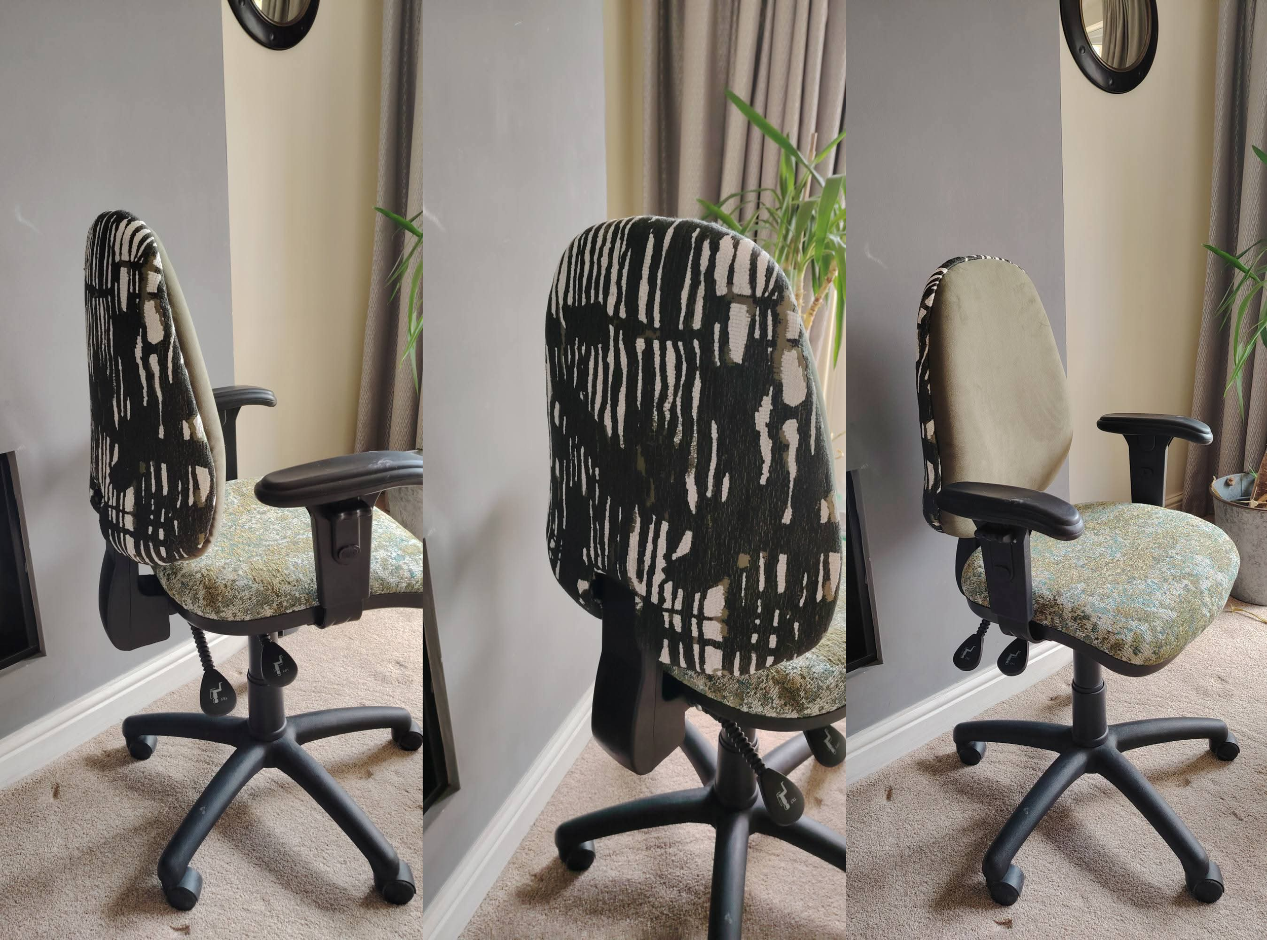 office chair in green patterned fabric
