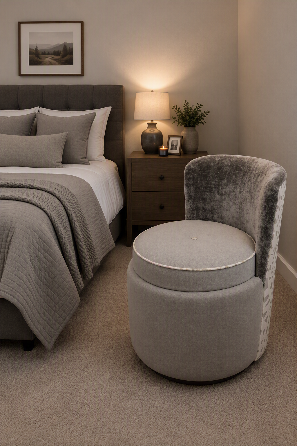 round grey bedroom change with AI generated background