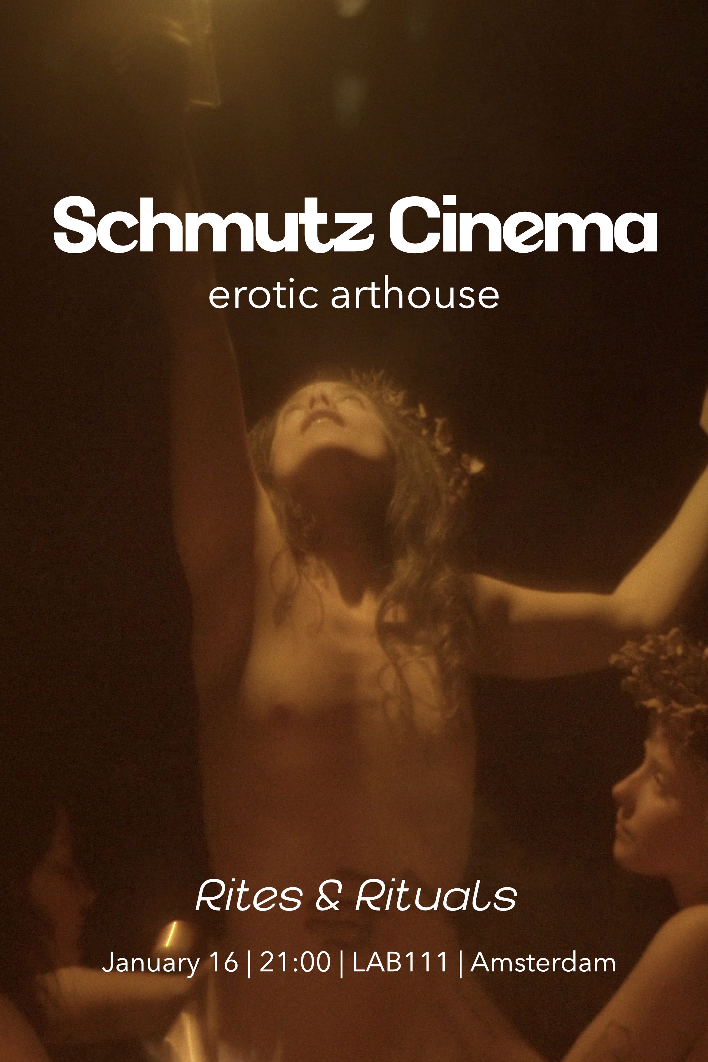 A woman with curly hair standing in low lighting, with text overlay about an event titled 'Rites & Rituals' at Schmutz Cinema in Amsterdam, scheduled for January 16 at 9:00 PM.