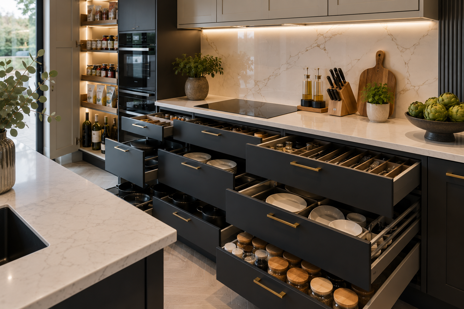 Modern fitted kitchen with dark cabinetry, integrated appliances and practical storage solutions.