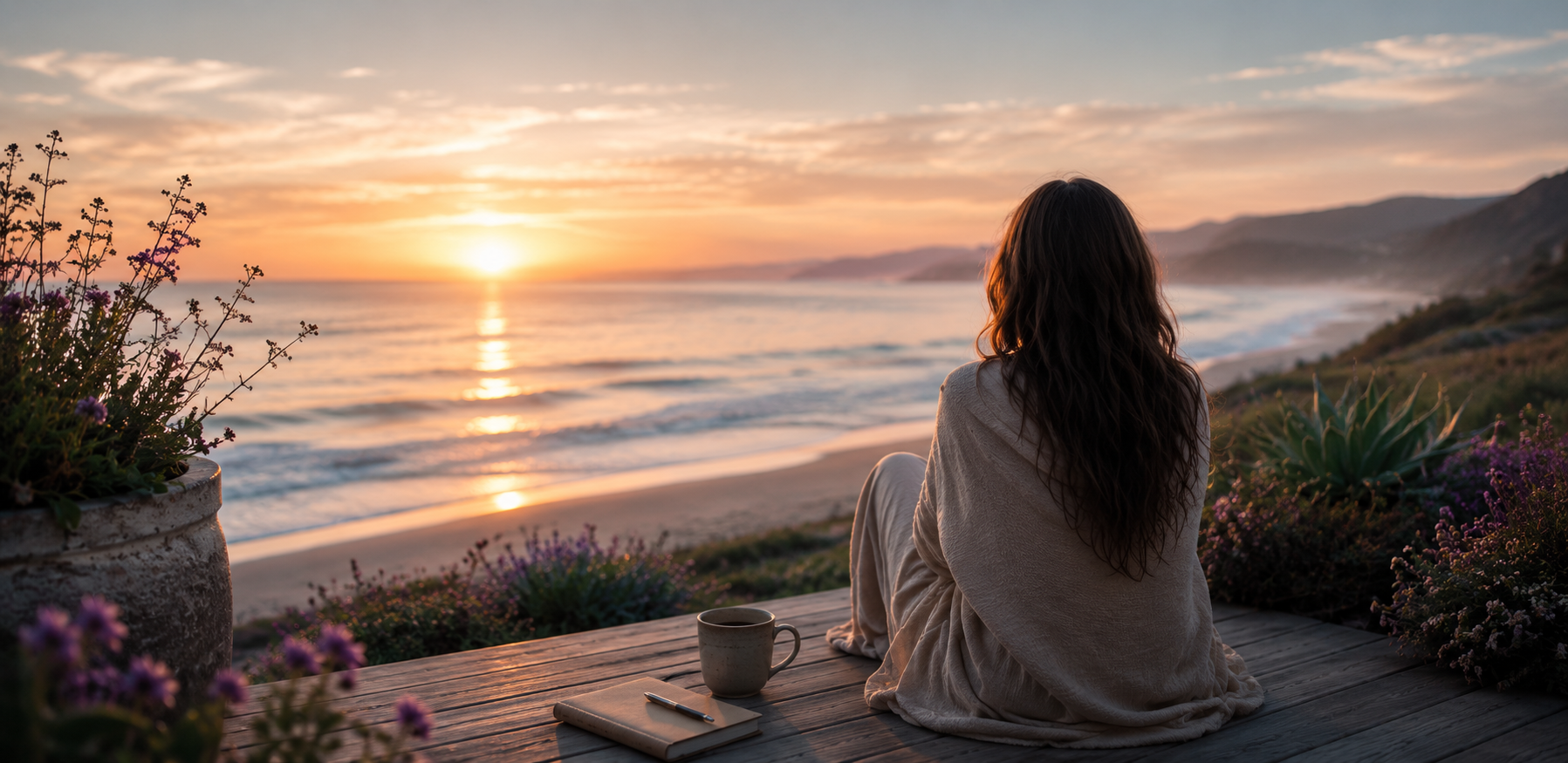 A woman with long hair wrapped in a blanket sitting on a wooden deck overlooking the ocean at sunset. There is a cup, a notebook, and a pen on the deck surrounded by potted plants and wildflowers.