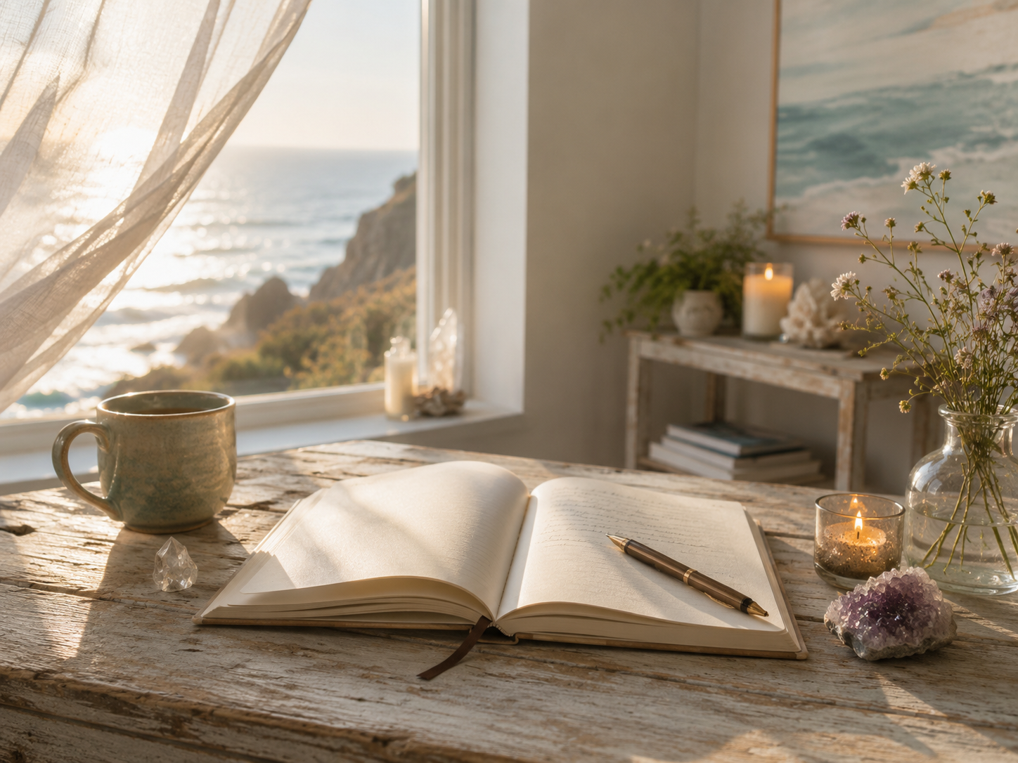 Open notebook with a pen, mug, crystals, and candles on a rustic wooden table by a window overlooking the ocean.