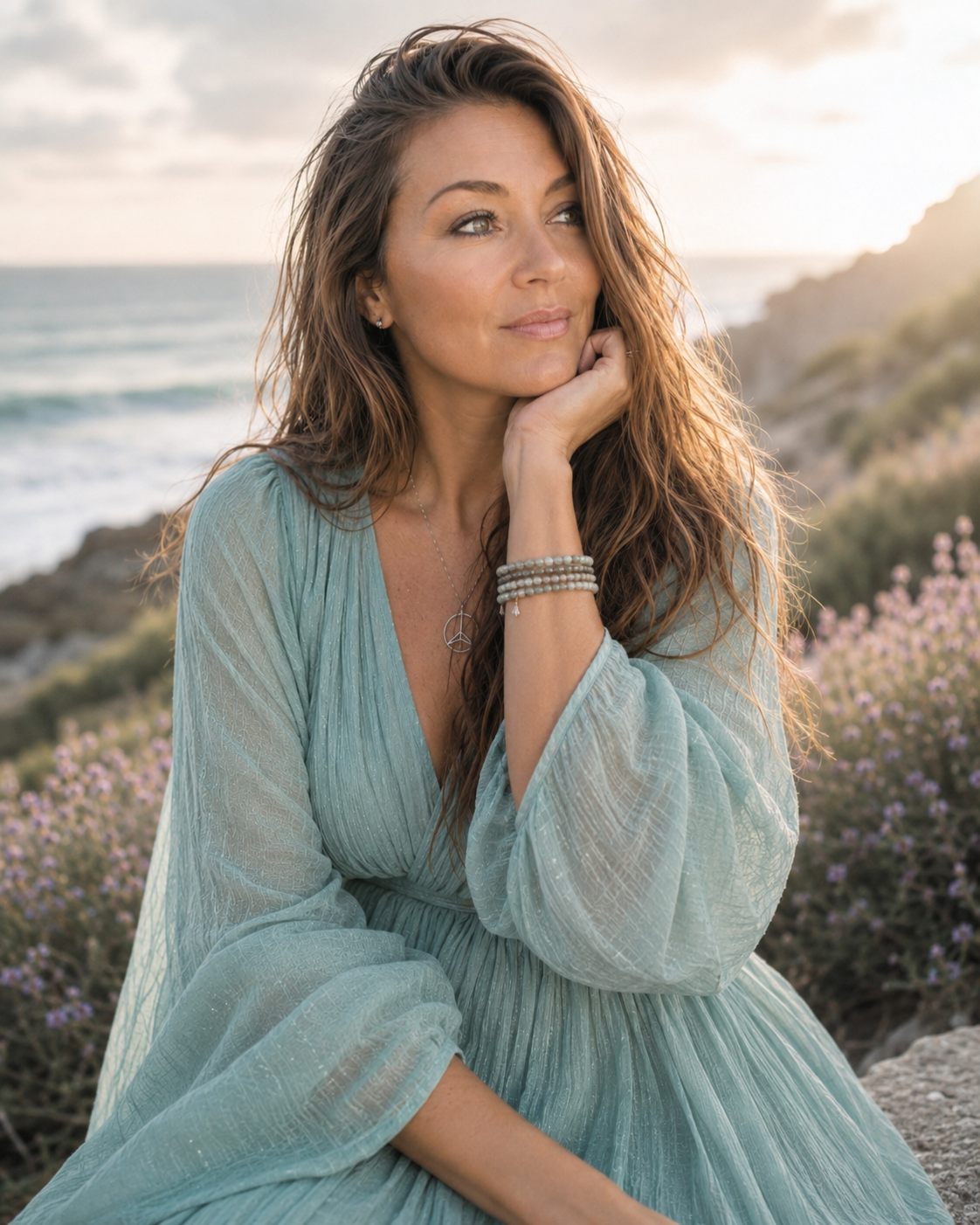 A woman with wavy brown hair and light green eyes sitting outdoors near the ocean with rocky cliffs and purple flowers in the background, wearing a light blue dress and multiple bracelets.