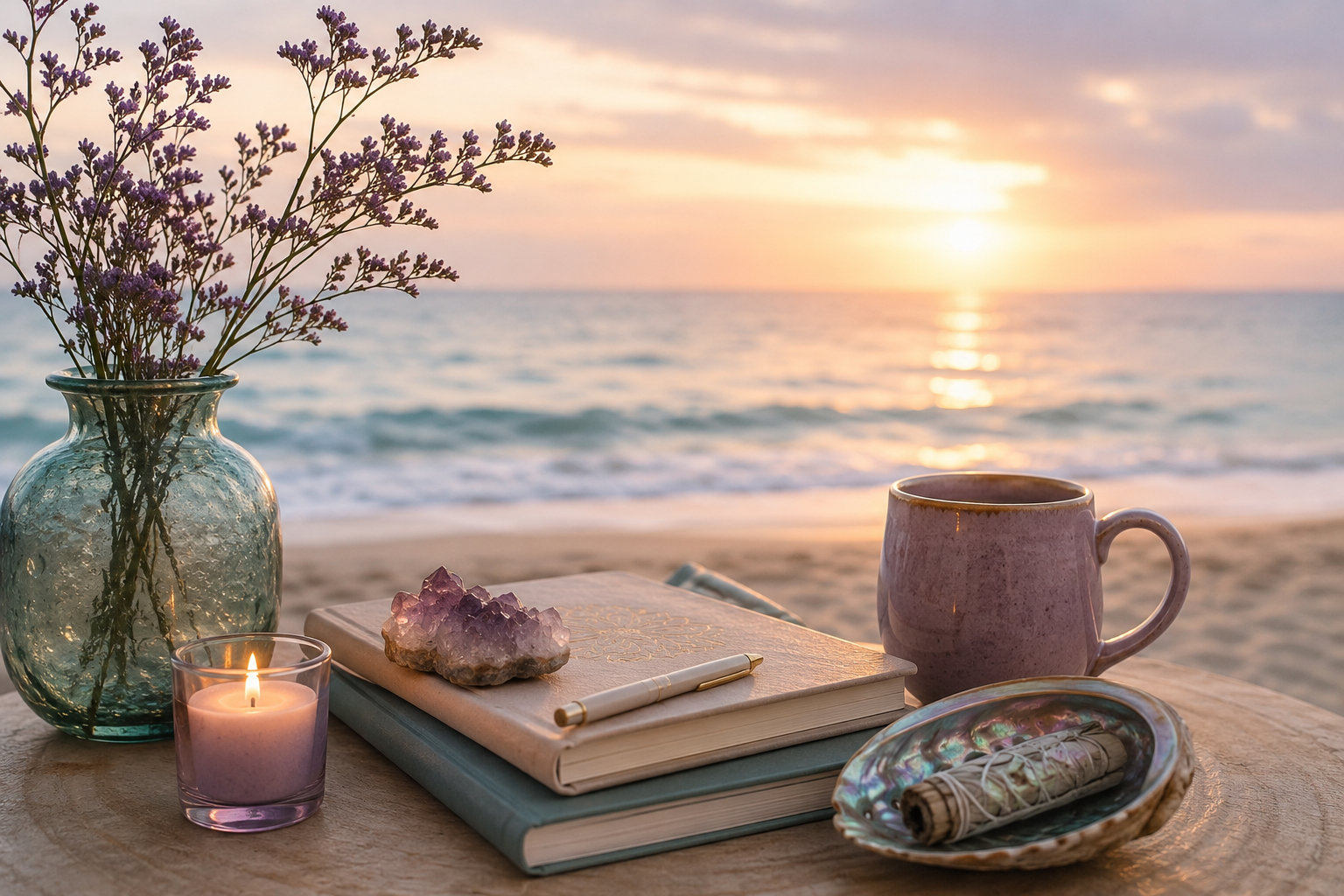 A beachside table at sunset with a lit candle, purple flowers in a glass vase, a cup of coffee, a rolled-up yellow and white cloth, two stacked notebooks with a gemstone on top, a pen, and a seashell, with the ocean and sunset in the background.