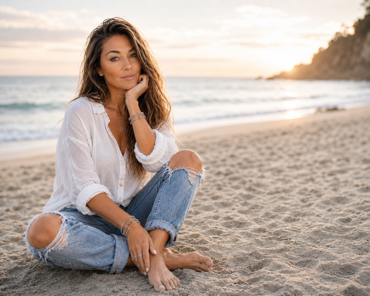 Woman sitting on the sandy beach during sunset, wearing a white shirt and ripped jeans, with a calm expression.