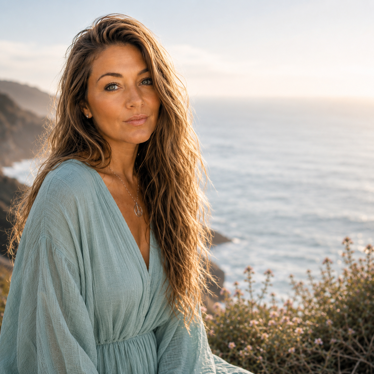 A woman with long wavy hair wearing a light blue dress and a peace sign necklace, standing near the coast with ocean and cliffs in the background during sunset.