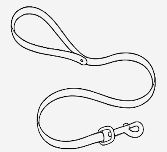 A line drawing of a dog leash with a loop handle and a clip at the end.