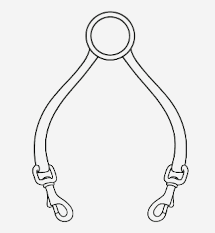 Outline of a horse halter with buckles and clips.