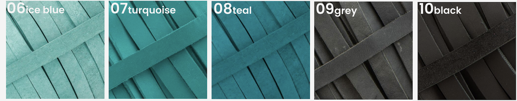 Close-up of colored leather straps displaying shades from ice blue to black.