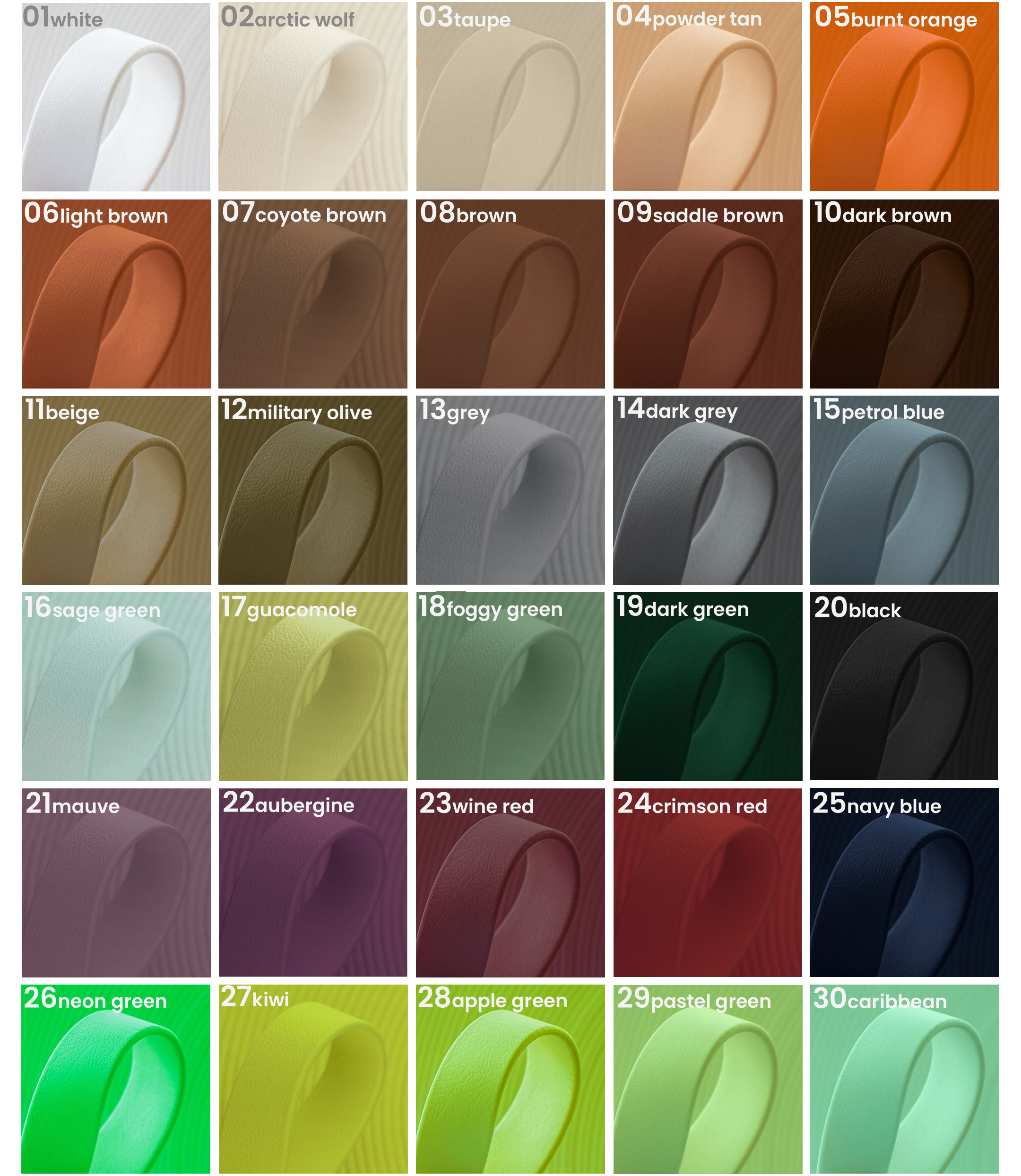Color palette of 30 fabric samples arranged in a grid, each labeled with a color name and number. Colors range from whites and neutrals to vibrant greens, blues, and dark shades.