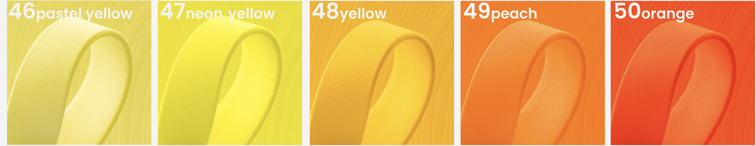 Close-up of several rolls of colored tape labeled from 46 to 50, showing pastel yellow, neon yellow, yellow, peach, and orange colors.