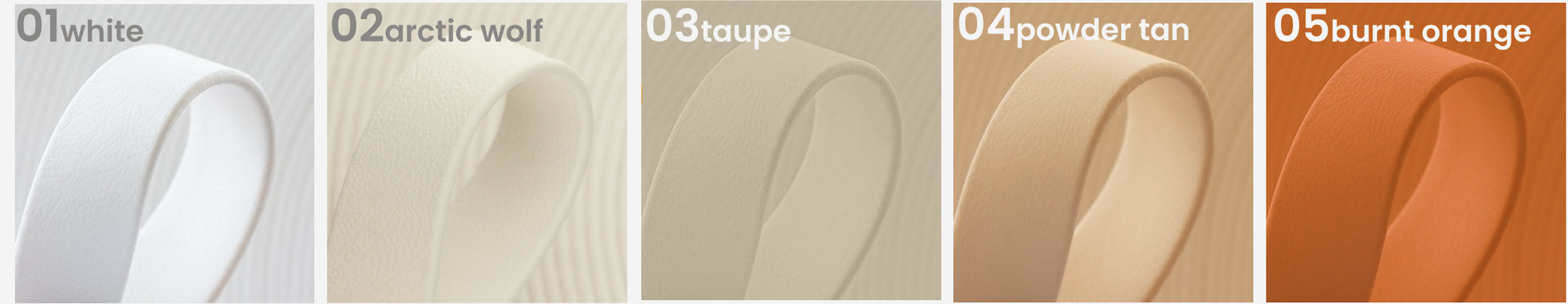 Five different color foam strips labeled as 01 white, 02 arctic wolf, 03 taupe, 04 powder tan, and 05 burnt orange, arranged side by side.