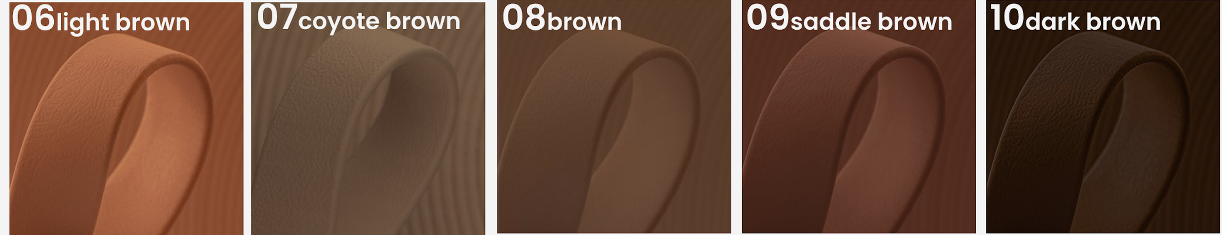 Close-up of five different shades of brown adhesive tape rolls labeled from left to right: light brown, coyote brown, brown, saddle brown, and dark brown.