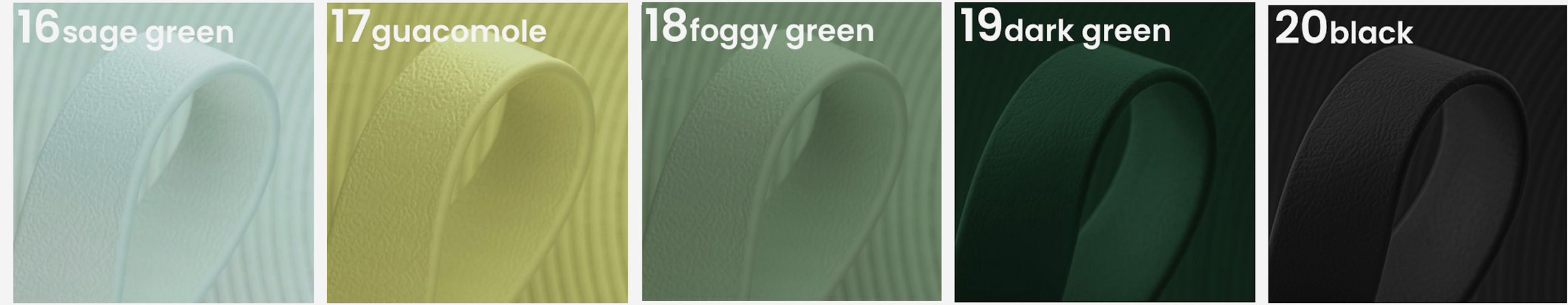 Color swatches arranged in a row, labeled from 16 to 20: sage green, guacamole, foggy green, dark green, black.