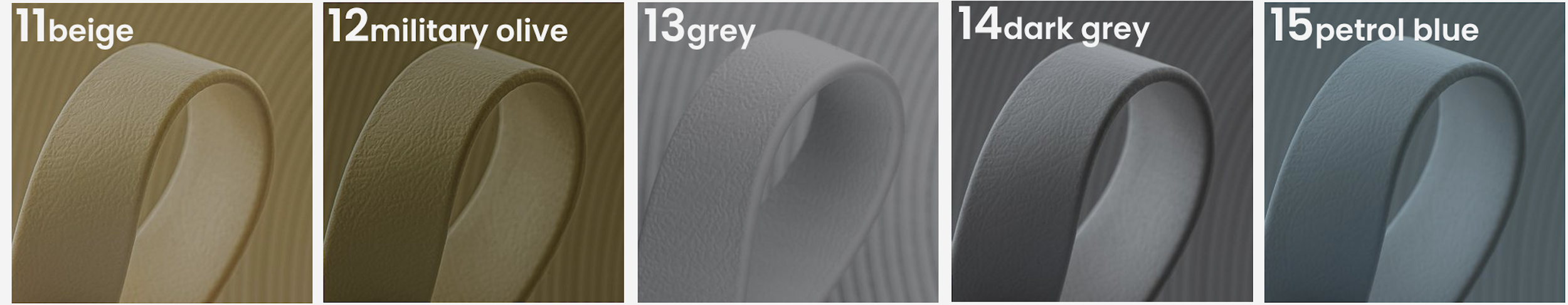 Five rolls of electrical tape in beige, military olive, grey, dark grey, and petrol blue colors.