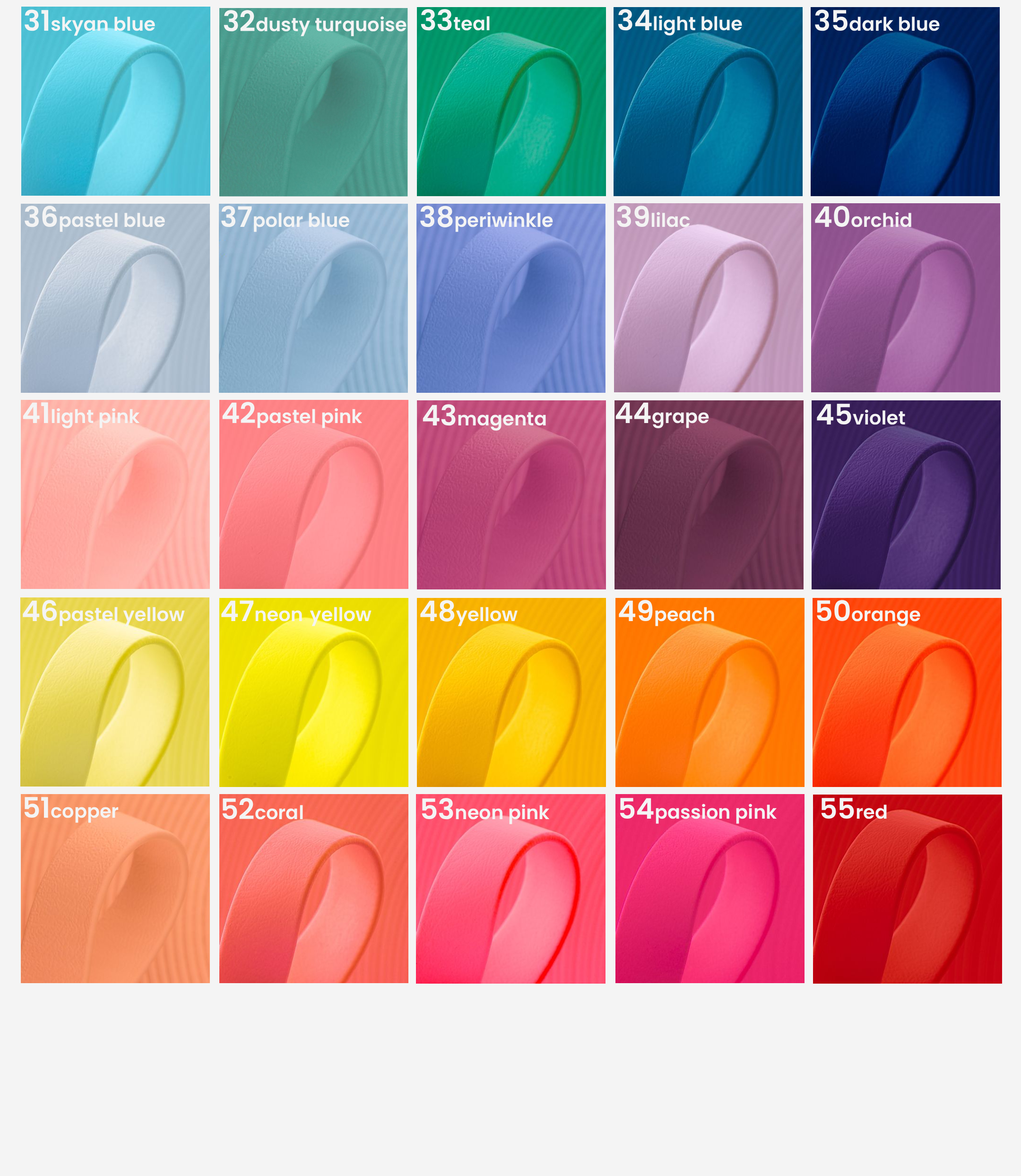 Color chart with 20 different colored ribbons arranged in four rows. Each ribbon is labeled with a color name and a number from 31 to 55. Colors include shades of blue, purple, pink, yellow, orange, and red.