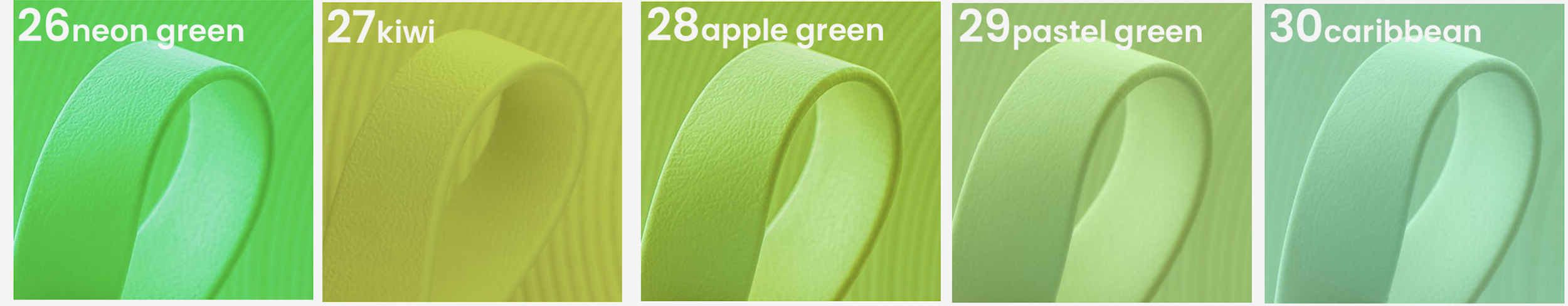 Swatches of five different shades of green color, labeled from 26 to 30, named neon green, kiwi, apple green, pastel green, and caribbean.