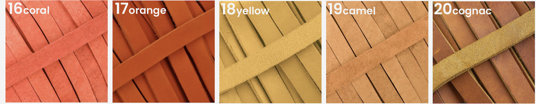 Close-up view of wooden slats painted in coral, orange, yellow, camel, and cognac colors, with suede or velvety strips crossing over them.