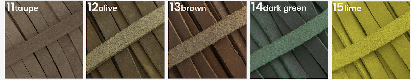 Swatches of fabric in various colors: taupe, olive, brown, dark green, and lime.