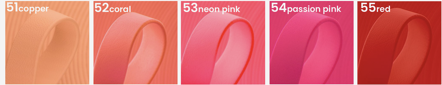 Close-up images of five different pink silicone wristbands, labeled with their colors and numbers: 51 Copper, 52 Coral, 53 Neon Pink, 54 Passion Pink, and 55 Red.