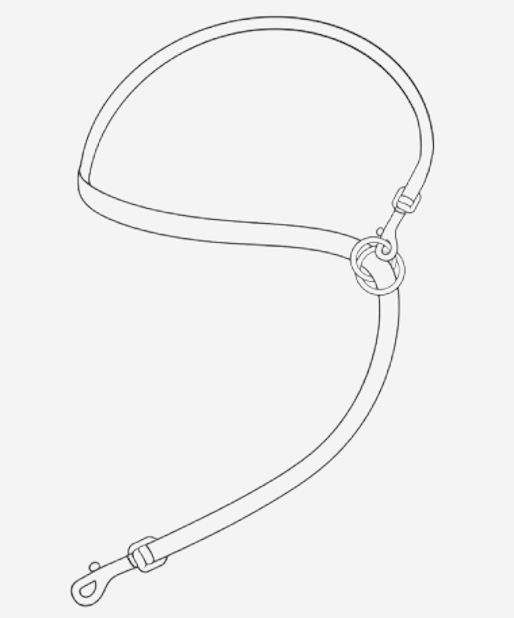 Outline of a snorkel mask strap and tube with a clip and adjustable strap.