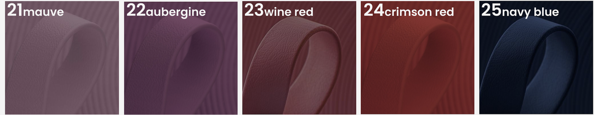 Close-up of five rolls of textured fabric or tape, each in different colors labeled as mauve, aubergine, wine red, crimson red, and navy blue.