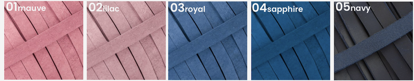 Five different colored strips of suede material arranged side by side, labeled from left to right as mauve, lilac, royal, sapphire, and navy.