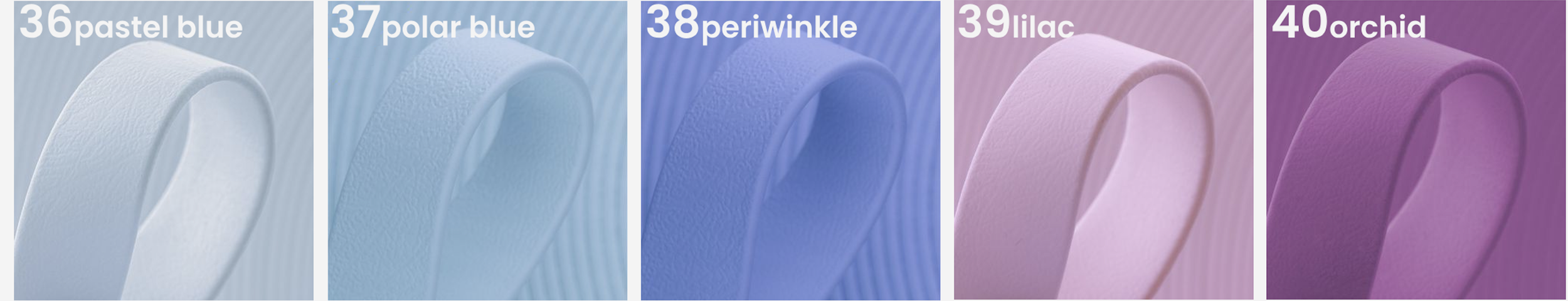Five rolls of textured washi tape arranged in a row, each with a different pastel color and labeled from 36 to 40. The colors are pastel blue, polar blue, periwinkle, lilac, and orchid.