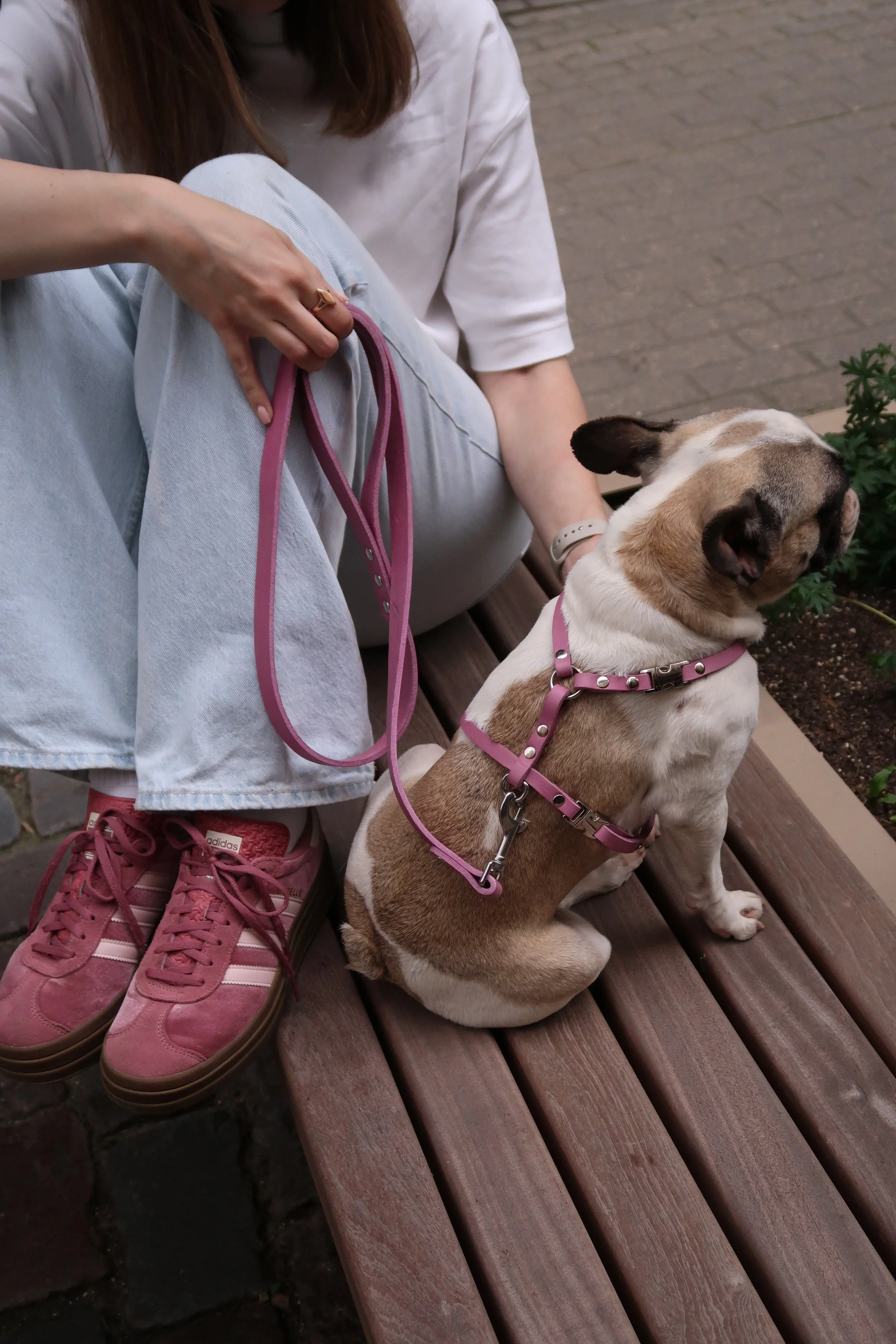 A person sitting on a wooden bench with legs crossed, wearing pink Adidas sneakers, light blue jeans, and a white t-shirt. The person's left hand rests on their knee, holding a pink leash attached to a small bulldog with a white and brown coat, wearing a pink harness with silver studs. The bulldog is sitting next to the person, facing slightly downward, with a relaxed expression. The background shows a brick sidewalk and some greenery.