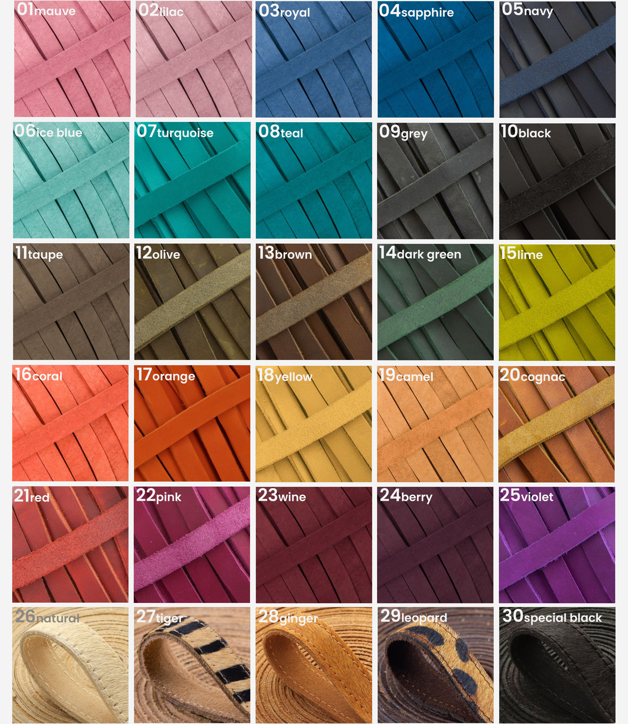 A collection of colorful fabric swatches arranged in a grid with labels indicating the color names and numbers, including mauve, lilac, royal, sapphire, navy, ice blue, turquoise, teal, grey, black, taupe, olive, brown, dark green, lime, coral, orange, yellow, caramel, leopard, natural, tiger, ginger, special black, and violet.