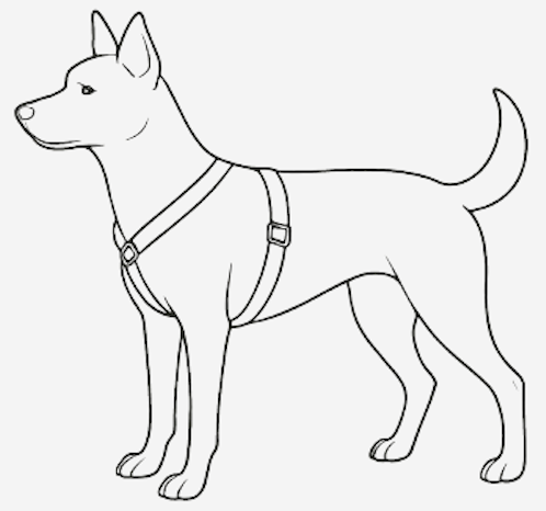 Line drawing of a dog wearing a harness, facing left.