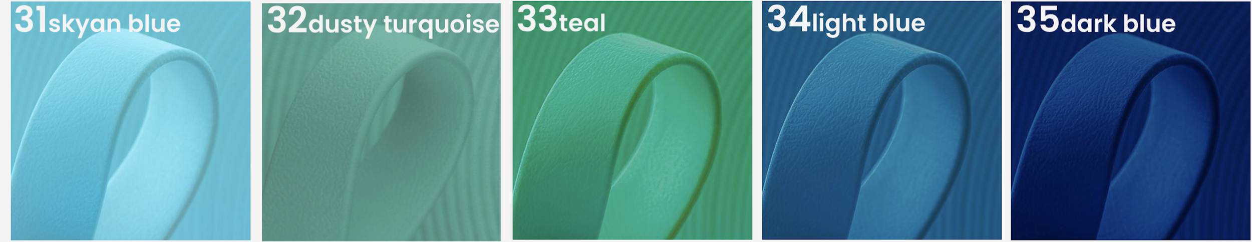 Close-up of five colored bands labeled as 31 sky blue, 32 dusty turquoise, 33 teal, 34 light blue, and 35 dark blue, arranged side by side.