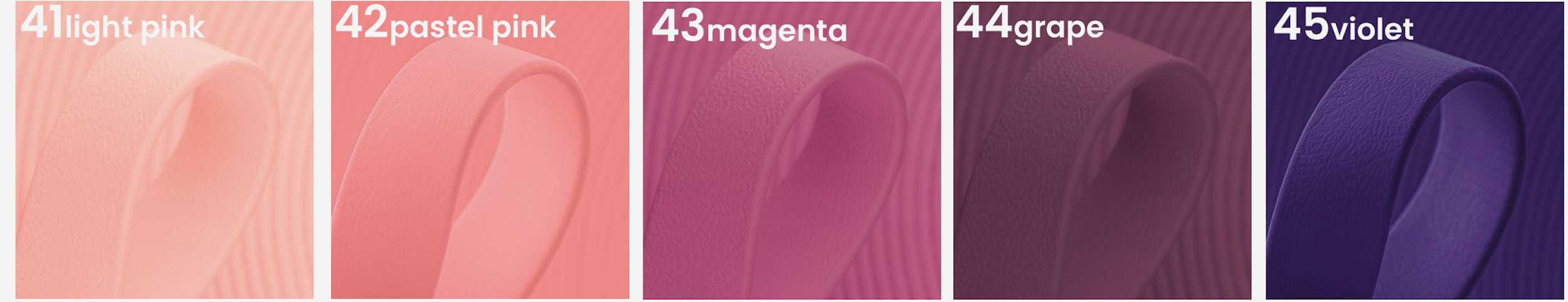 Close-up of five rolls of textured ribbon in various shades of pink, purple, and violet, labeled with color names and numbers: light pink, pastel pink, magenta, grape, and violet.