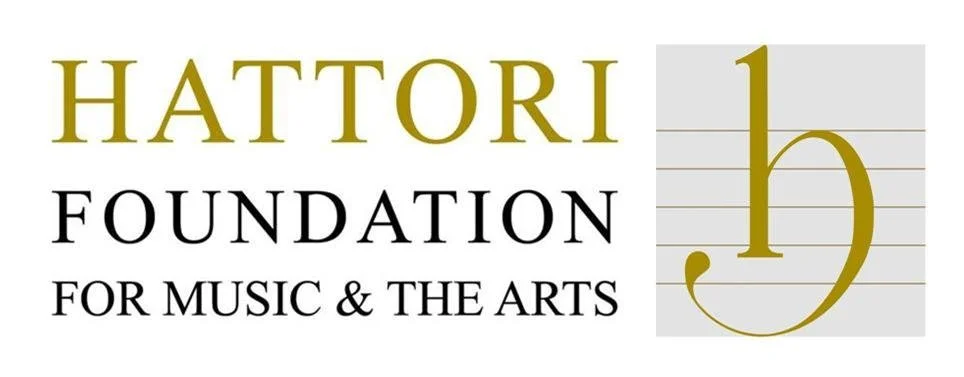 Logo of Hattori Foundation for Music and the Arts, featuring a large ornate lower case letter 'h' on a gray background with musical staff lines.