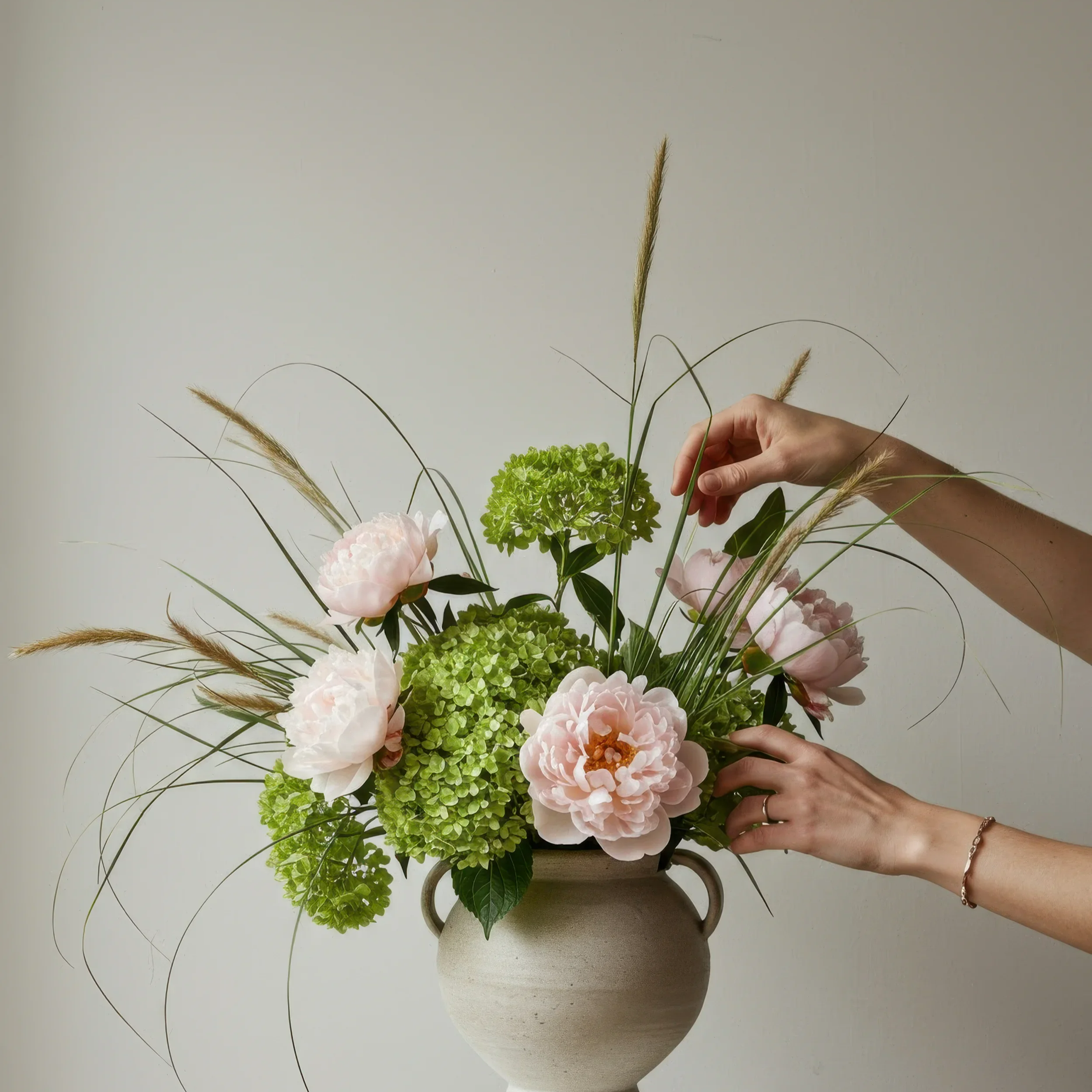 Hand, die eine grüne Blume in einer Vase berührt, umgeben von weißen und pinken Blumen und getrocknetem Gras gegen einen hellen Hintergrund.