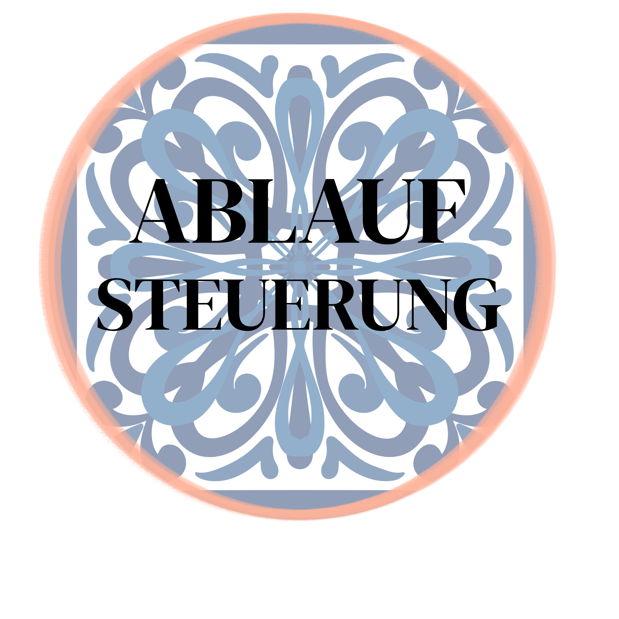 Grafische Illustration eines blauen Dekor-Musters in einem ovalen Design mit Text "ABELAUF STEUERUNG" darüber.