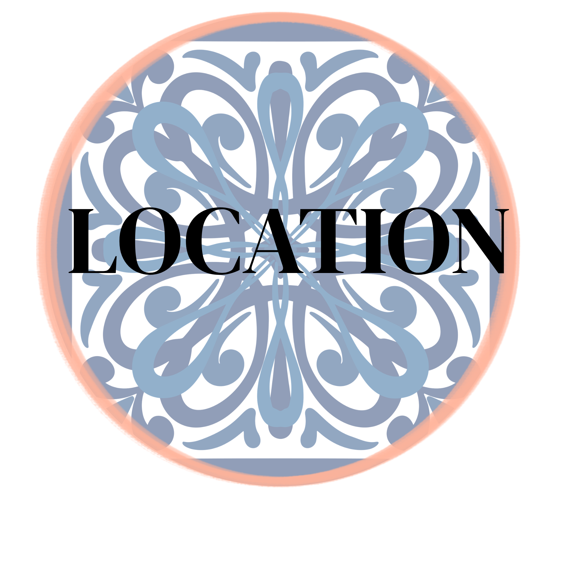 Kreisförmiges Logo mit blauen, verschnörkelten Mustern und schwarzen Text. Orangefarbener Schatten um das Logo.