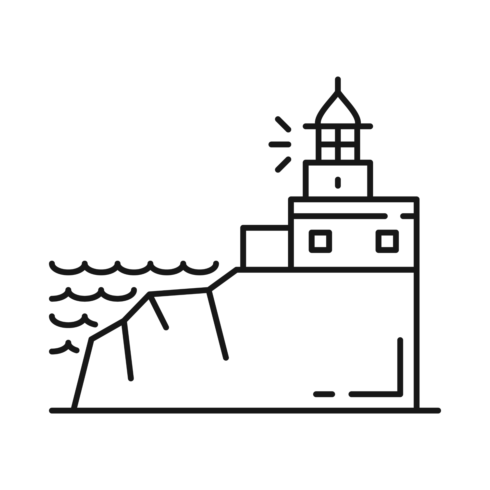 Line drawing of a lighthouse with a boat, waves, and clouds in black on a white background.