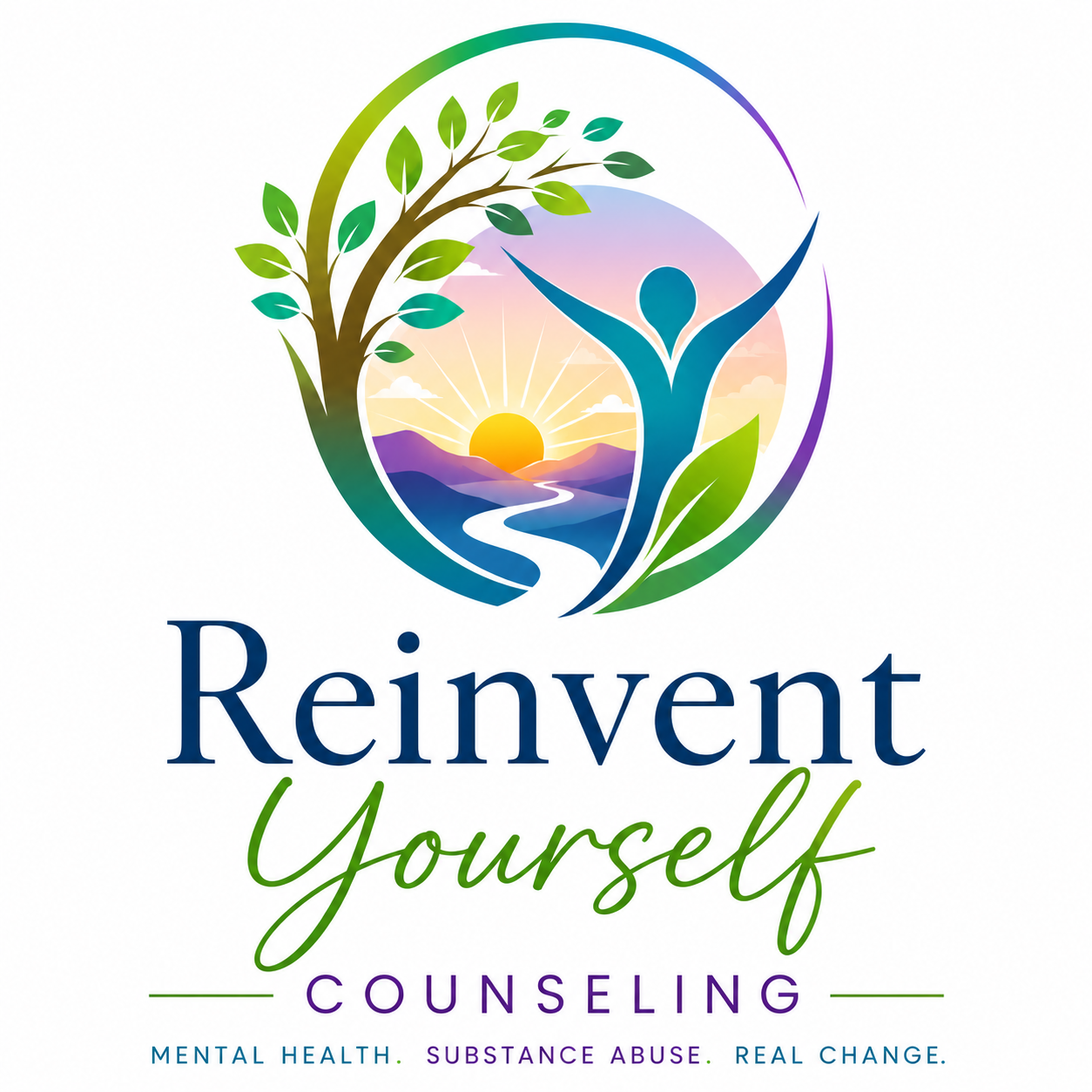A colorful logo with a tree, a sunrise over mountains, a person with outstretched arms, and leaves. Text reads 'Reinvent Yourself Counseling' with smaller words 'Mental Health, Substance Abuse, Real Change'.