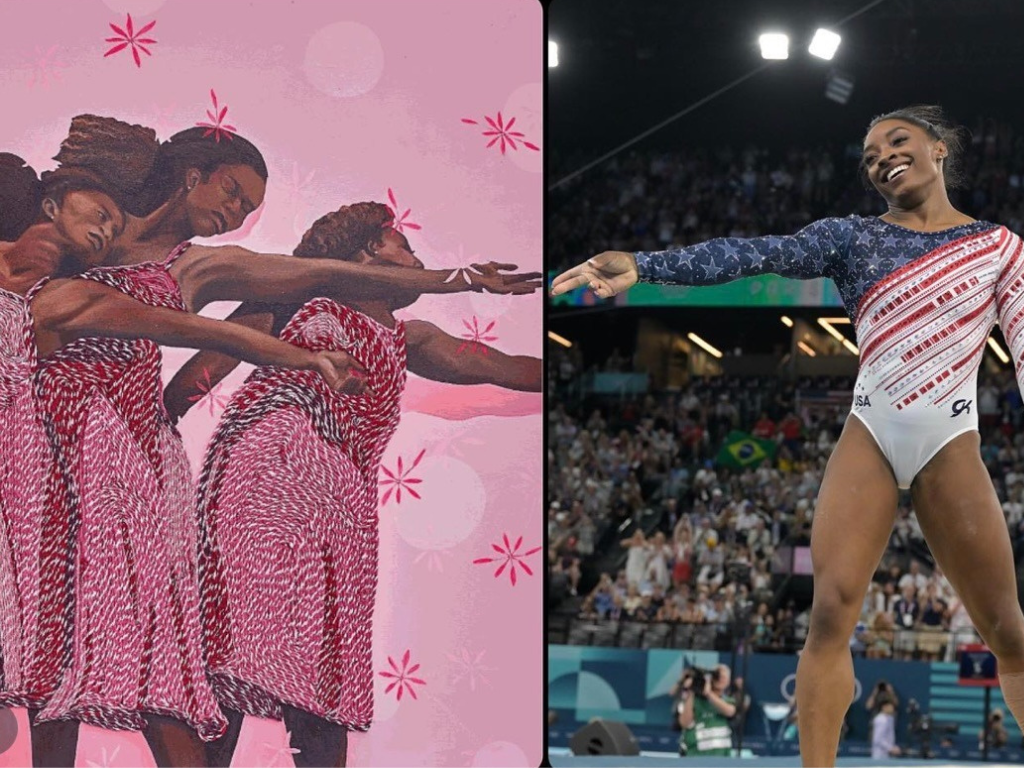 Side-by-side comparison of a painted artwork of four women in matching red and white patterned dresses reaching forward, and a smiling female gymnast in a patriotic uniform with her arm extended at an Olympic event.