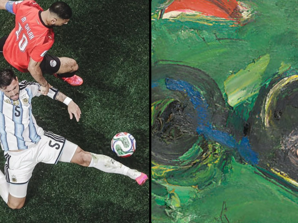 A soccer player in an Argentina jersey makes a kick while another player in a red jersey attempts to block, on a green field. Beside the photo, there's an abstract painting with green, blue, black, and red brushstrokes.