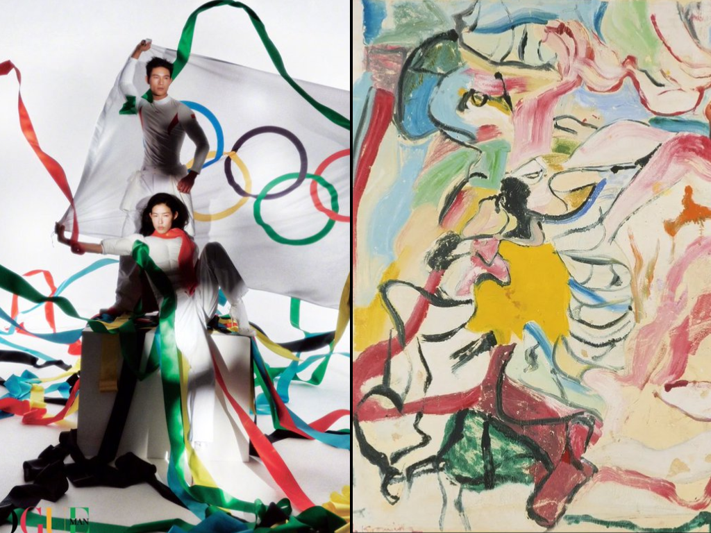 Left side shows two models holding an Olympic flag with colorful ribbons, on a white background. Right side shows an abstract watercolor painting of people dancing or celebrating, with vibrant colors and loose brushstrokes.