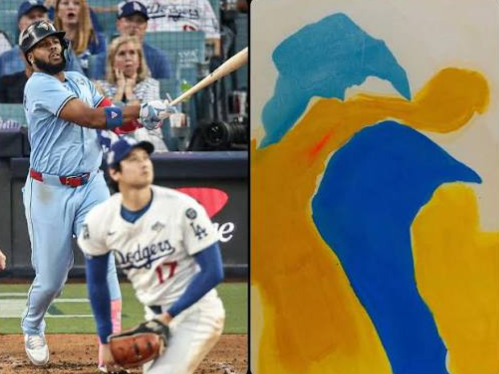 A baseball player in a blue uniform swings a bat, and a runner in a white Los Angeles Dodgers uniform is on the field. In the background, spectators watch the game.