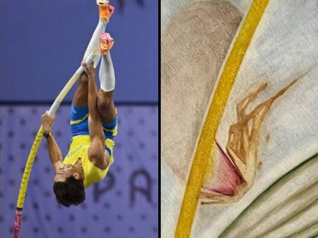 A person in athletic gear performing a pole vault jump in sportswear on the left, and a close-up of a tortilla with ham and cheese on the right.