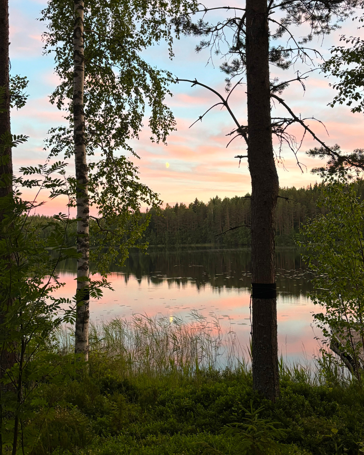 Oikealle polulle vaaleanpunainen auringonlasku järvellä