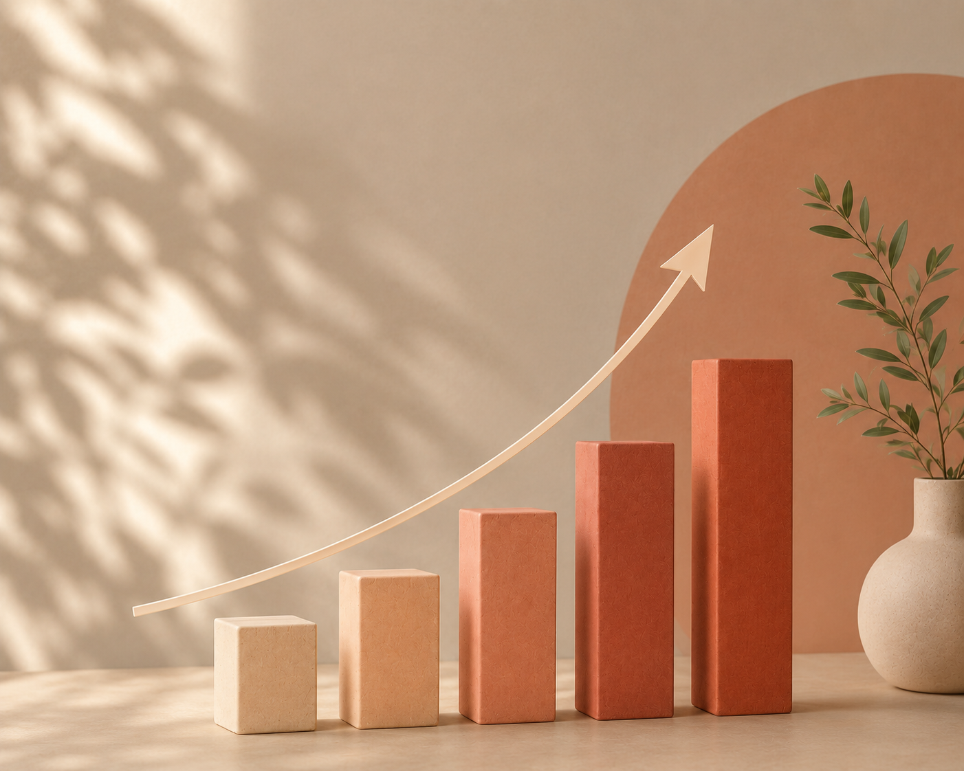 Progressive orange and beige blocks increasing in height with an upward arrow above them, a potted plant on the right, and a circular shape in the background, suggesting growth or success.