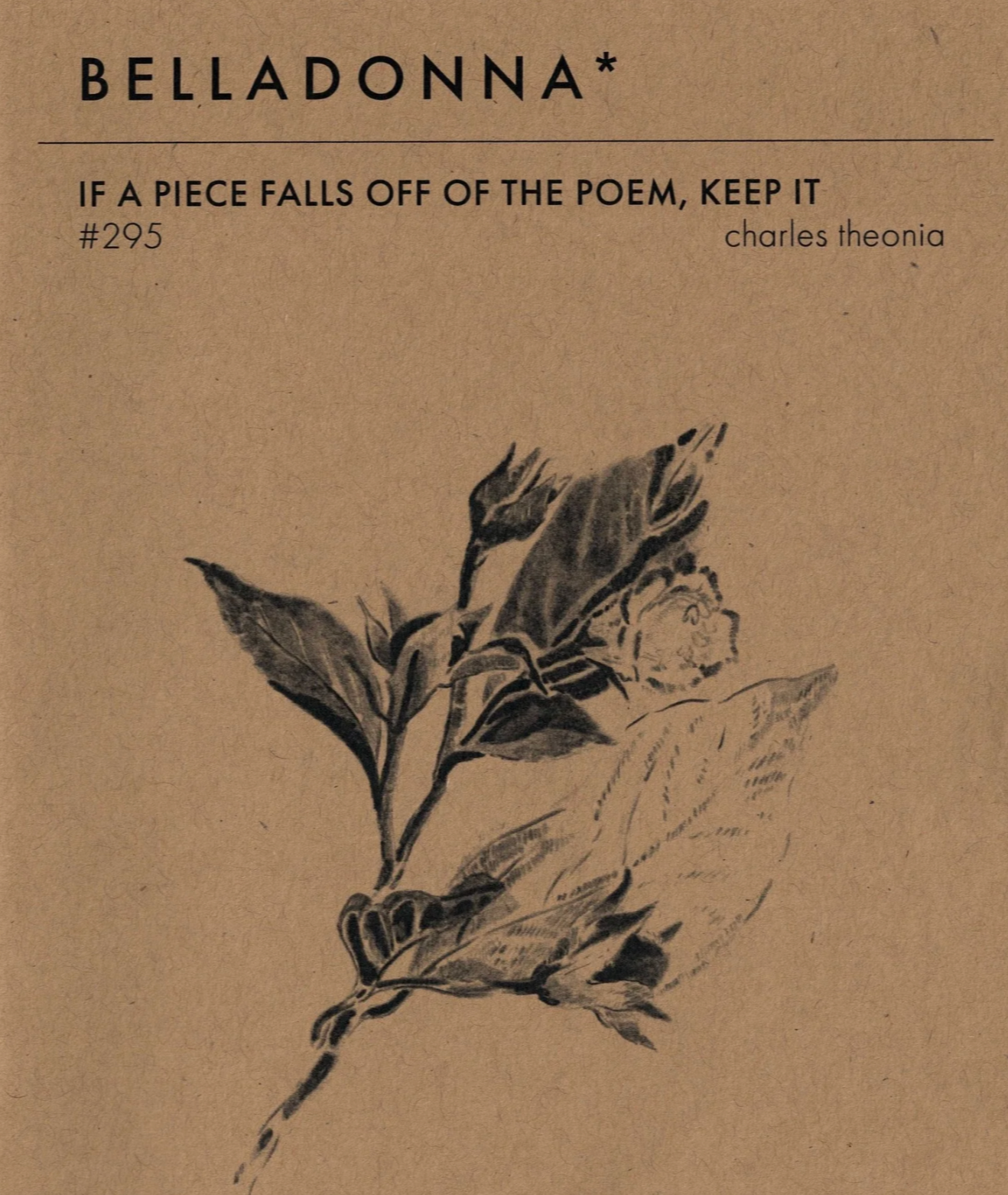 A book cover with the title "Belladonna" and a quote by Charles Theonia, featuring a black-and-white drawing of a belladonna plant with leaves and a flower.