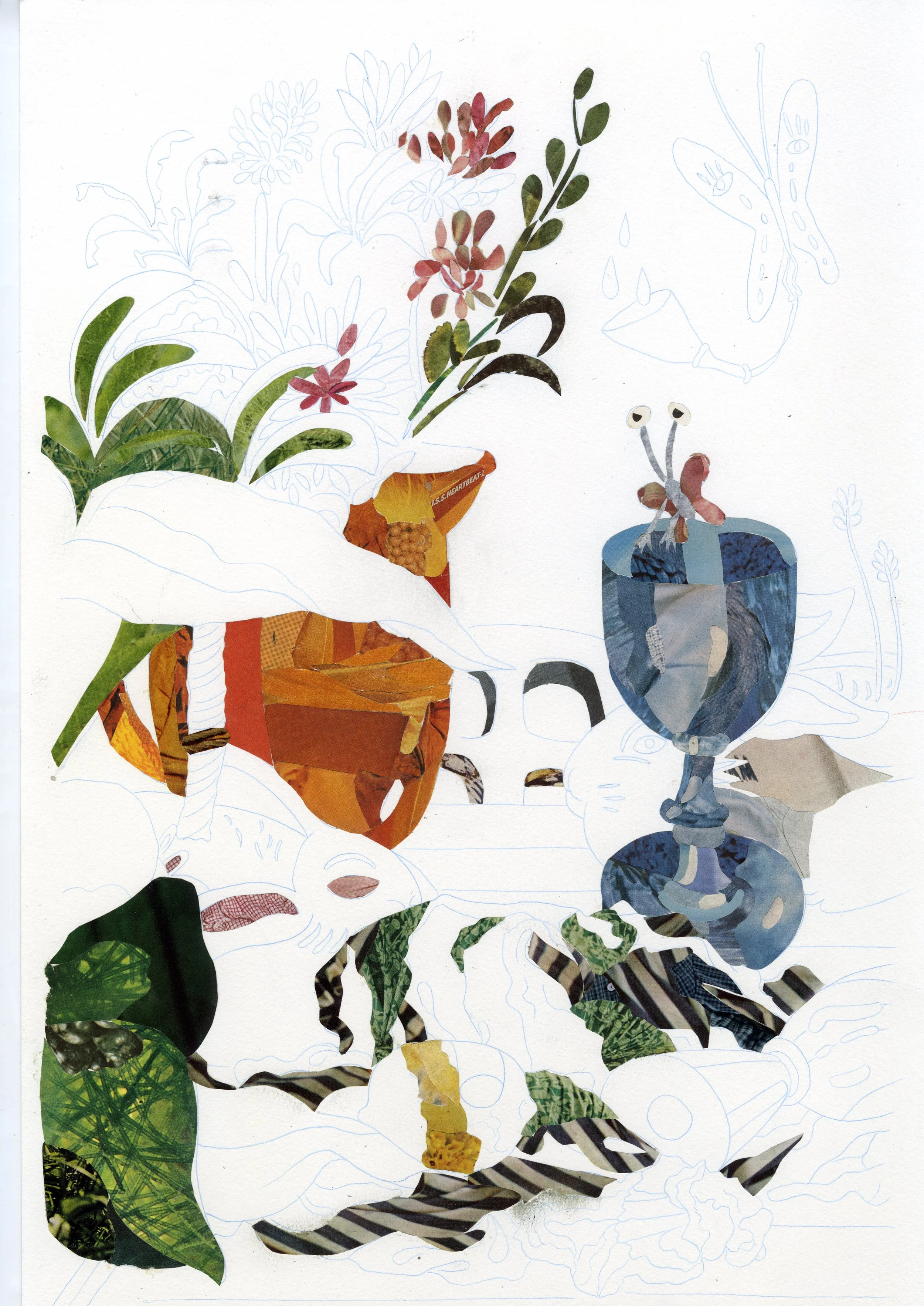 Collage of various green plants, a rabbit, a butterfly, and a pitcher, partially outlined with sketches in light blue ink on white paper.