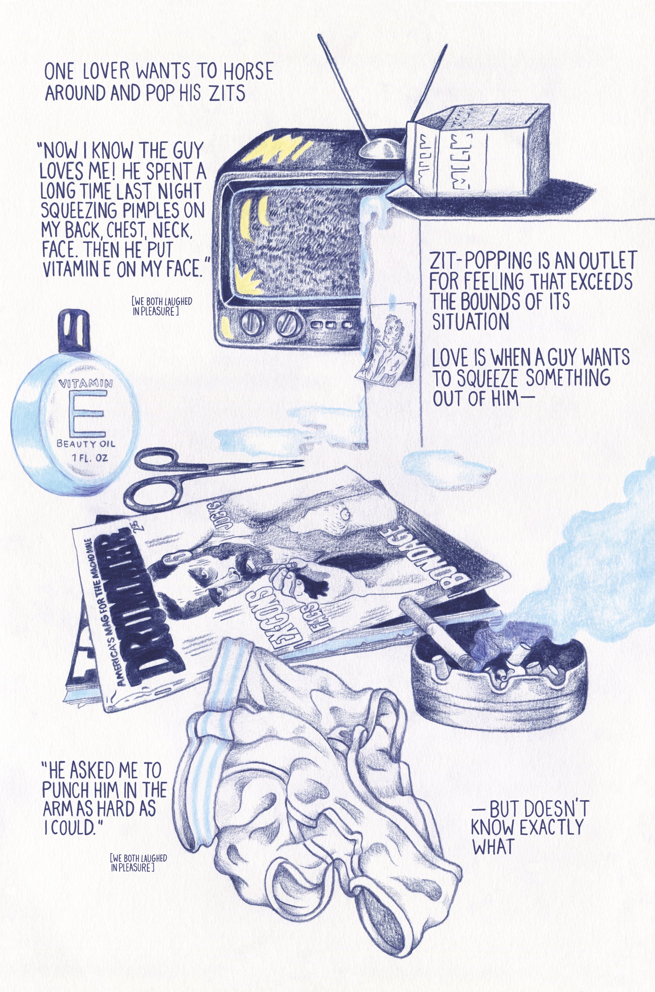 A hand-drawn illustration in blue and yellow tones depicting a scene with a television, a carton of Vitamin E cream, a pair of scissors, a magazine, and a shoe. There are various text captions around the images, including humorous quotes about love and acne. The overall style is comic or cartoonish.