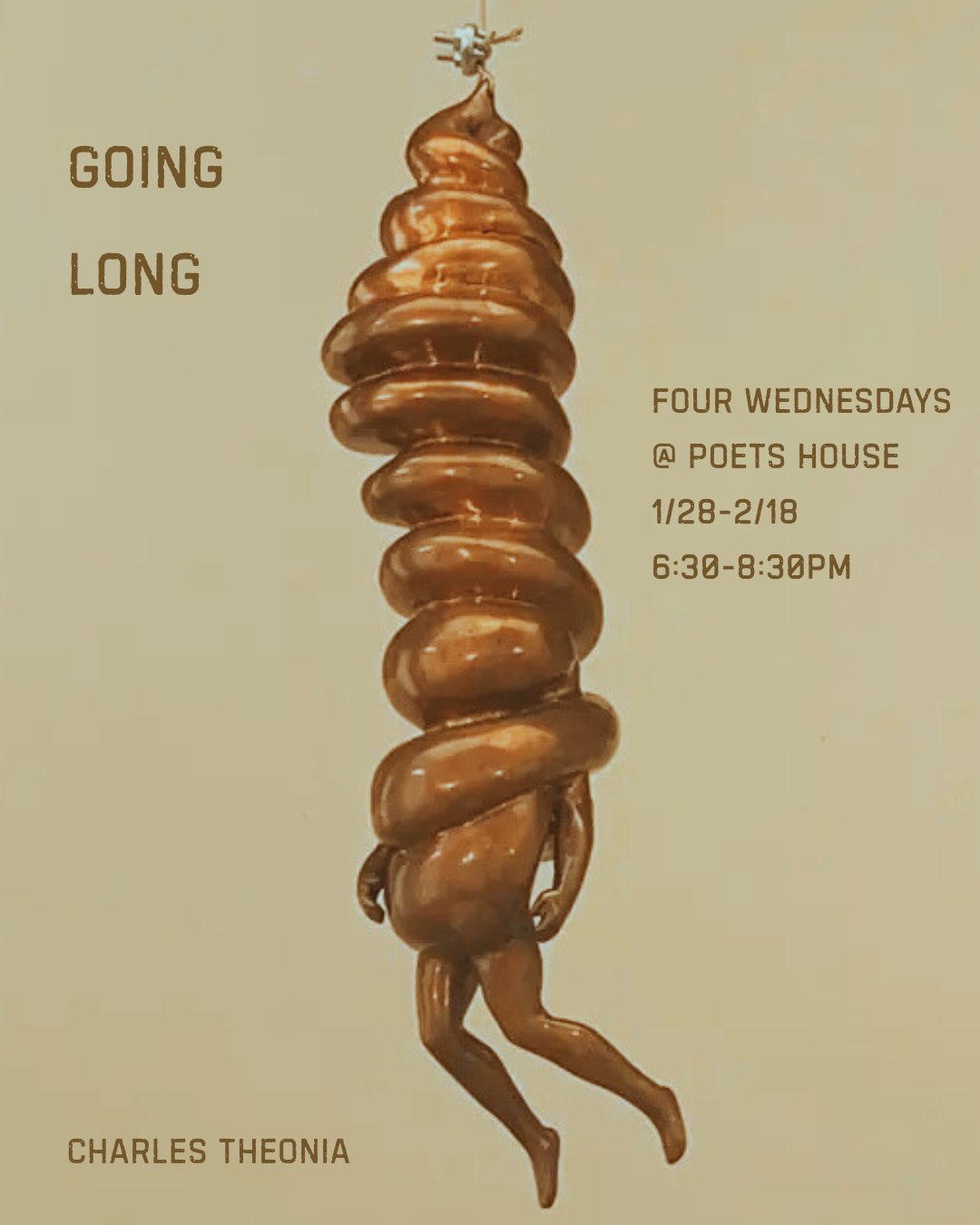 Poster for "Going Long" featuring Louise Bourgeois' Spiral Woman: a supsended, twisted human figure with a coiled, metallic body and dangling legs